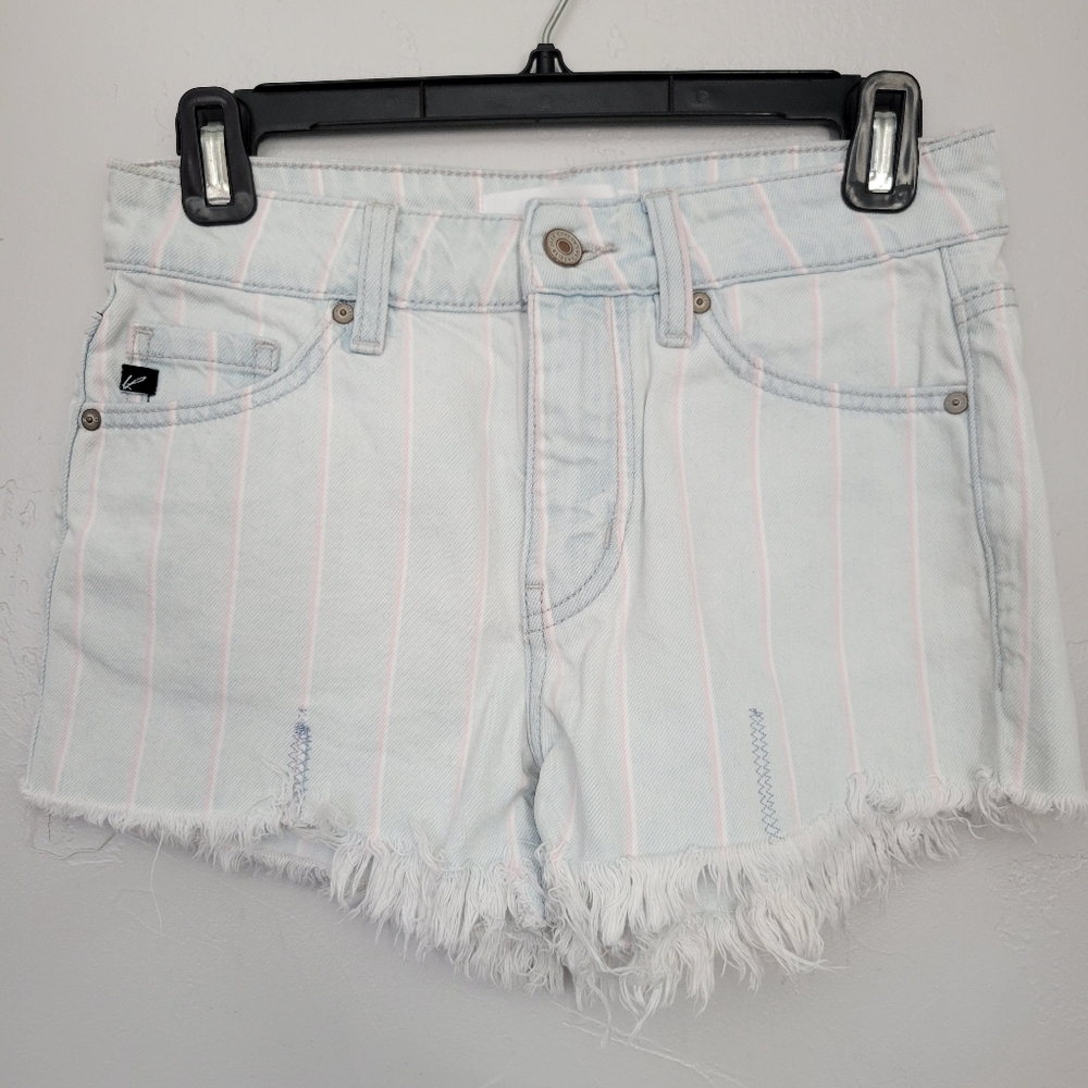 KanCan Women's XS Light Wash Denim Shorts White Pink Stripes Raw Hem Jean Shorty